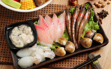 Картинка еда рыба +морепродукты +суши +роллы моллюски мускатный орех бадьян кальмары креветки ассорти морепродукты блюда японская кухня