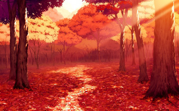 Картинка рисованное природа осень лучи тропинка лес деревья