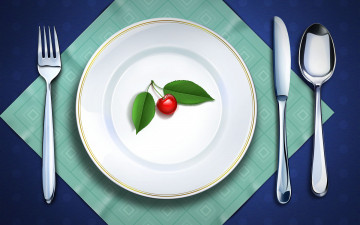 Картинка векторная+графика еда+ food приборы вилка тарелка салфетка стол ягода черешня ложка нож листья