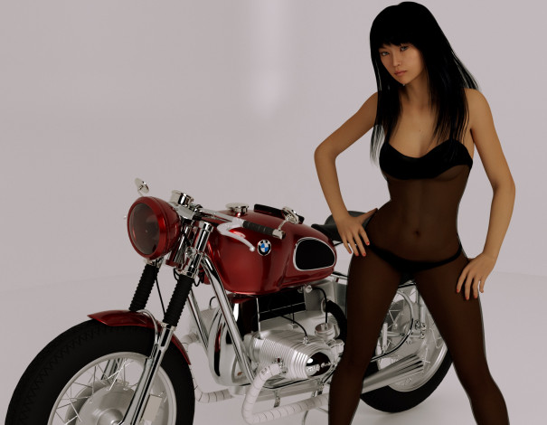 Обои картинки фото мотоциклы, 3d, мотоцикл, фон, взгляд, девушка