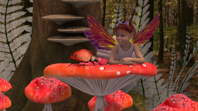 Обои картинки фото 3д графика, эльфы , elves, девушка, взгляд, фон, фея, грибы, жук, папоротник, лес