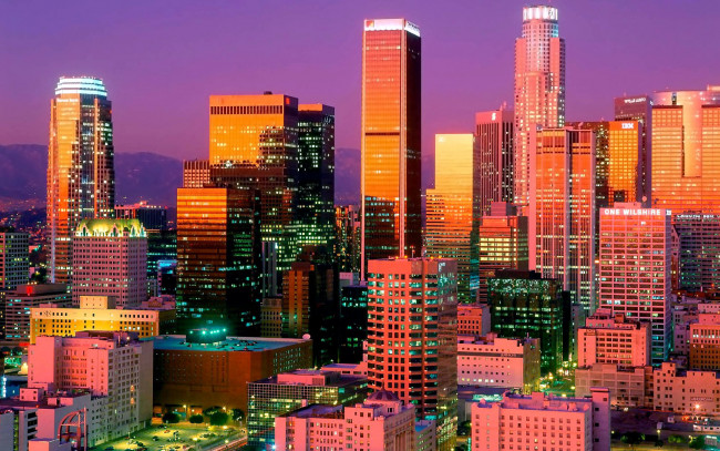 Обои картинки фото города, лос-анджелес , сша, огни, вечер, небоскребы