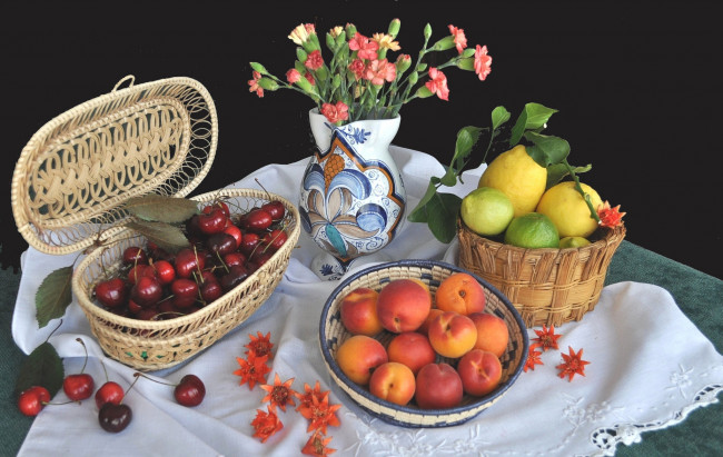 Обои картинки фото еда, натюрморт, цветы, фрукты, ваза