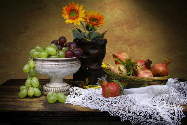 Обои картинки фото еда, натюрморт, фрукты, цветы, ваза