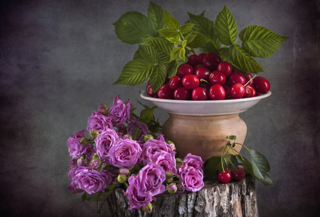 Обои картинки фото еда, вишня,  черешня, розы, ягоды