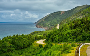 Картинка природа побережье скалы небо кейп-бретон-хайлендс деревья море тучи горы дорога горизонт канада cape breton highlands national park