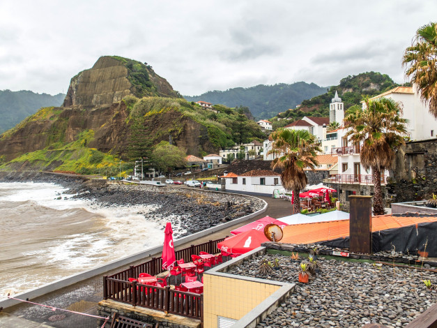 Обои картинки фото города, - пейзажи, madeira, дома, португалия, деревья, побережье, море, скалы