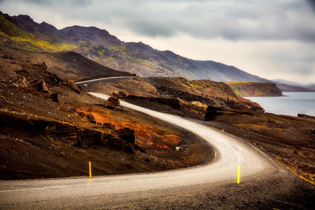 Обои картинки фото природа, дороги, исландия, дорога, скалы, побережье, море, горы