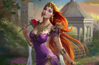 Картинка фэнтези девушки корона цветок роза платье взгляд арт принцесса украшения