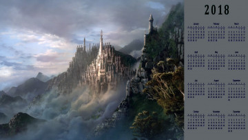 обоя календари, фэнтези, гора, растения, природа, замок, облака