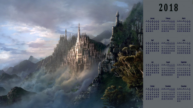 Обои картинки фото календари, фэнтези, гора, растения, природа, замок, облака