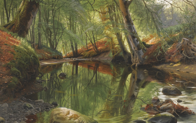 Обои картинки фото рисованное, живопись, a, woodland, stream, danish, realist, painter, петер, мёрк, мёнстед, датский, живописец, peder, mоrk, mоnsted, лесной, ручей, 1895