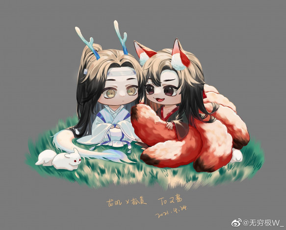 Обои картинки фото аниме, mo dao zu shi, вэй, усянь, лань, ванцзи, дракон, лис, кролики