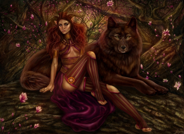 Обои картинки фото фэнтези, существа, девушка, рога, волк, цветы