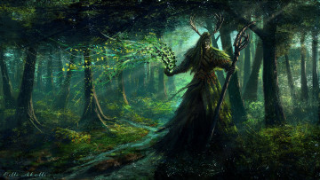 Картинка фэнтези маги магия посох лес