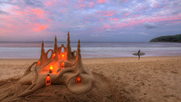 Картинка природа побережье море свечи песочный замок песок пляж