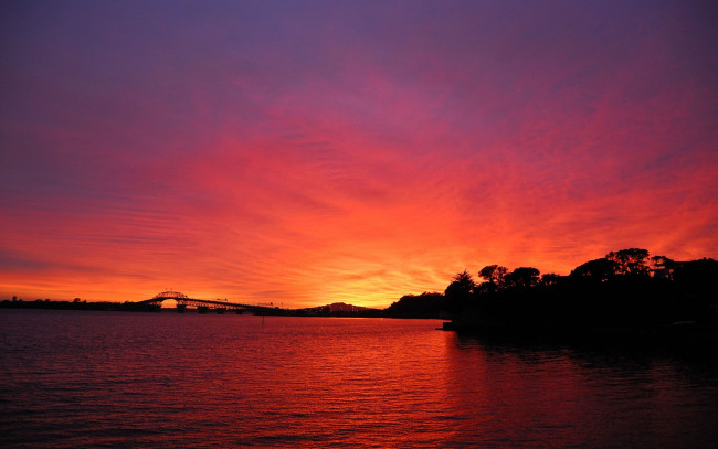 Обои картинки фото природа, восходы, закаты, закат, мост, озеро