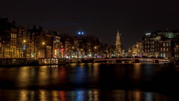 обоя города, амстердам, нидерланды, дома, ночь, огни, река