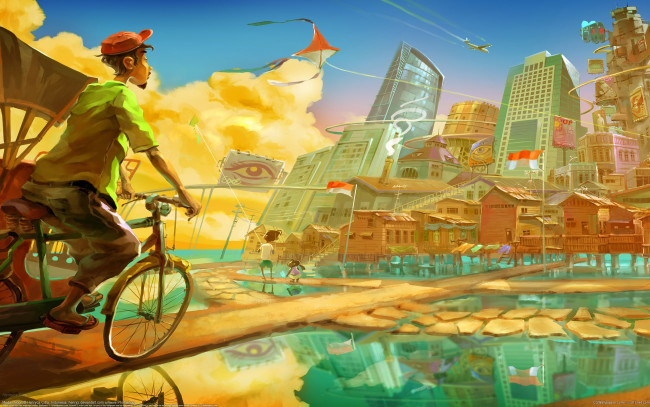 Обои картинки фото henryca, citra, фэнтези, люди, город, велосипедист, henryca citra