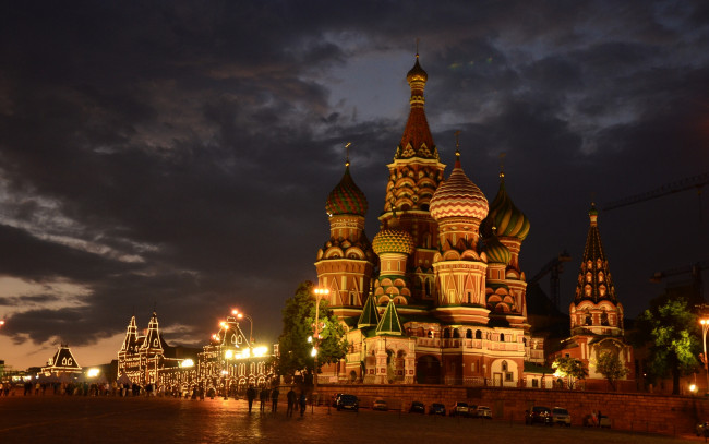 Обои картинки фото храм, василия, блаженного, города, москва, россия, красная, площадь, ночной, город, собор