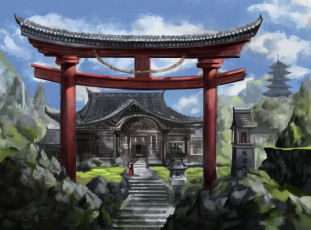 Картинка рисованные города baka арт азия девушка храм врата пейзаж