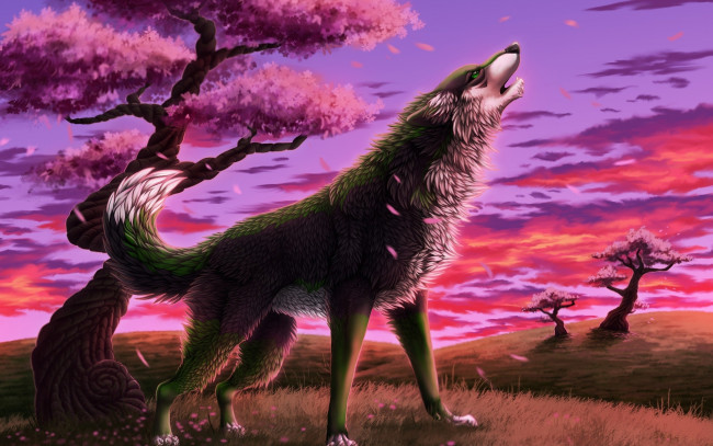 Обои картинки фото рисованные, животные,  волки, деревья, закат, волк