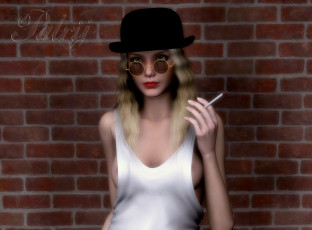 Картинка 3д+графика люди+ people сигарета шляпа девушка фон взгляд