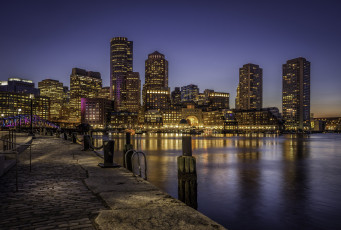 обоя boston skyline, города, бостон , сша, набережная, ночь, огни, небоскребы