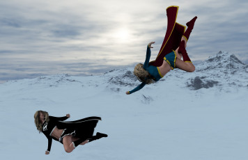 Картинка 3д+графика фантазия+ fantasy снег полет супермен горы фон взгляд девушка
