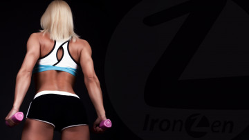 Картинка девушки -unsort+ блондинки мышцы гантели фитнесс шорты топ спина блондинка
