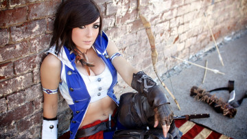 Картинка девушки -unsort+ креатив cosplay jessica nigri стрелы лук connor sexy няшка нож arrow assassin's creed 3