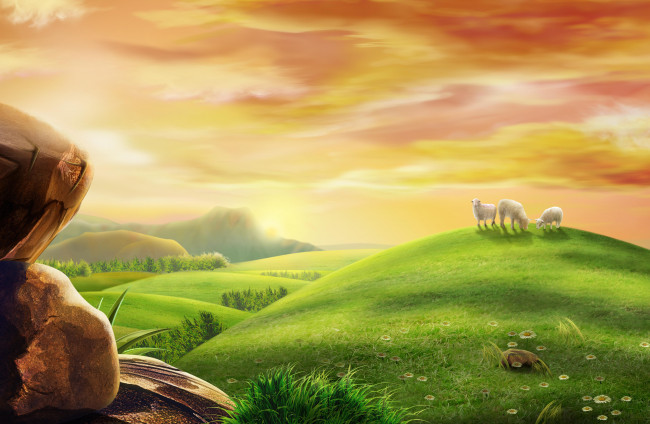 Обои картинки фото рисованное, животные, небо, закат, холмы, камни, овцы