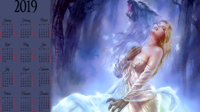 Обои картинки фото календари, фэнтези, 2019, calendar, дерево, волк, девушка, оборотень, женщина