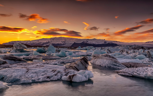 Обои картинки фото природа, восходы, закаты, глыбы, исландия, лёд, побережье