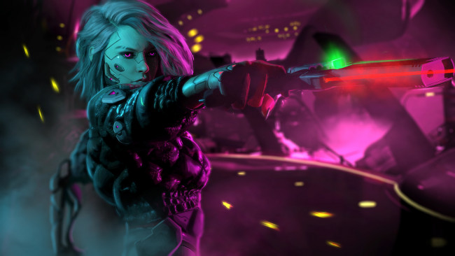 Обои картинки фото видео игры, cyberpunk 2077, девушка, киборг, пистолет