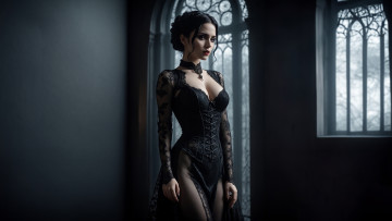 Картинка бестия 3д+графика люди+ people dark cleavage gothic black dress ai art neck cuff