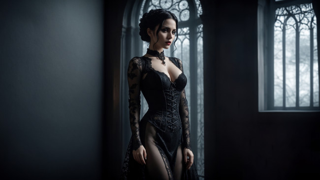 Обои картинки фото бестия, 3д графика, люди , people, dark, cleavage, gothic, black, dress, ai, art, neck, cuff