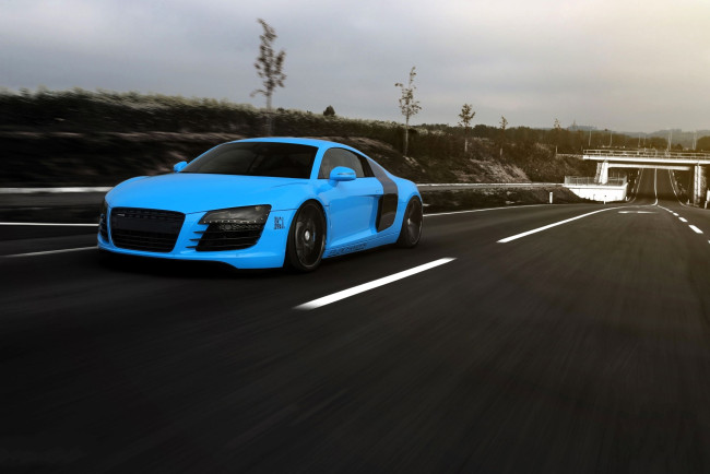 Обои картинки фото audi r-8, автомобили, audi, голубой, скорость, дорога, мост