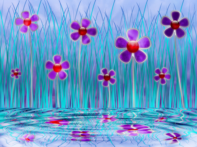 Обои картинки фото 3д, графика, flowers, цветы, отражения, вода