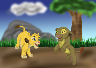 Картинка рисованные животные львы трава дерево львята