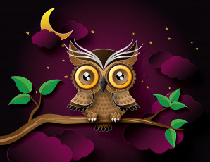 Картинка векторная+графика животные звезды ночь сова листья ветка луна