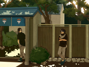 Картинка аниме naruto дом art uchiha clan itachi shisui деревья