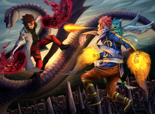 Картинка аниме fairy+tail natsu dragneel волшебники магия змея драконы cobra кот happy