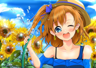 Картинка аниме *unknown+ другое подмигивание вода шланг подсолнухи девушка kousaka honoka school idol project шляпа