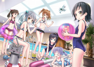Картинка аниме kantai+collection самолет смех вода мяч насос растения бассейн плавательный круг мороженое купальники девушки