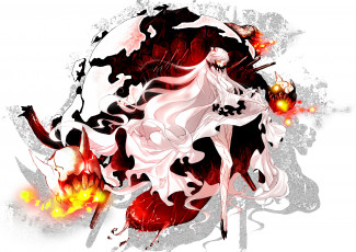 Картинка аниме kantai+collection огонь демоны оружие девушка белый фон арт