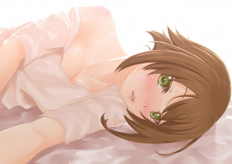 Картинка аниме kantai+collection зелёные глаза лежит взгляд шатенка девушка