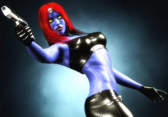Картинка 3д+графика фантазия+ fantasy взгляд оружие пистолет синяя кожа raven marvel mystique x-men