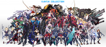 обоя kantai collection, аниме, девушки, персонажи, оружие, белый, фон