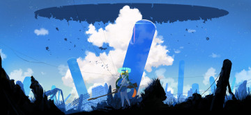 Картинка аниме -weapon +blood+&+technology обломки облака техника провода развалины здания столбы город небо оружие арт девушка